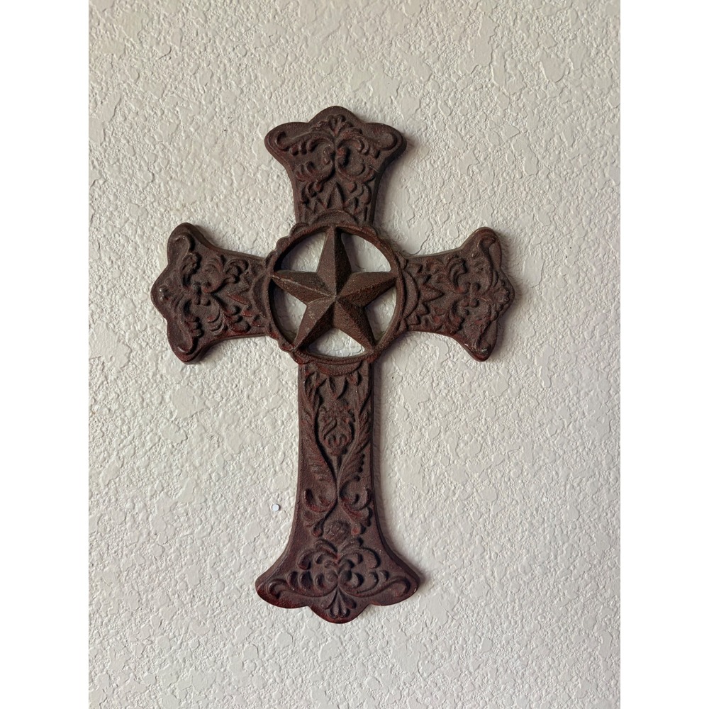 Rustic Cast Iron Texas Lone Star Wall Cross Western Floral Scroll Decor Brown